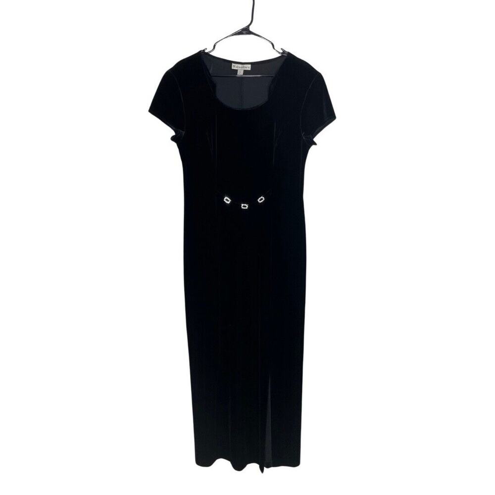 Vintage Velvet Maxi Dress Black Rhinestone Detail‎ Sz 14 Witchy Vamp Grunge Slit